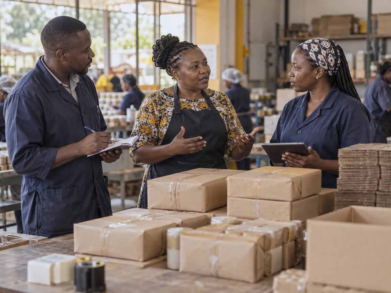 A business owner talking with two staff members beside goods ready for dispatch