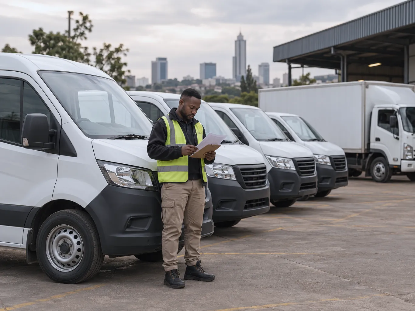 Delivery vans and a light truck parked at a company depot