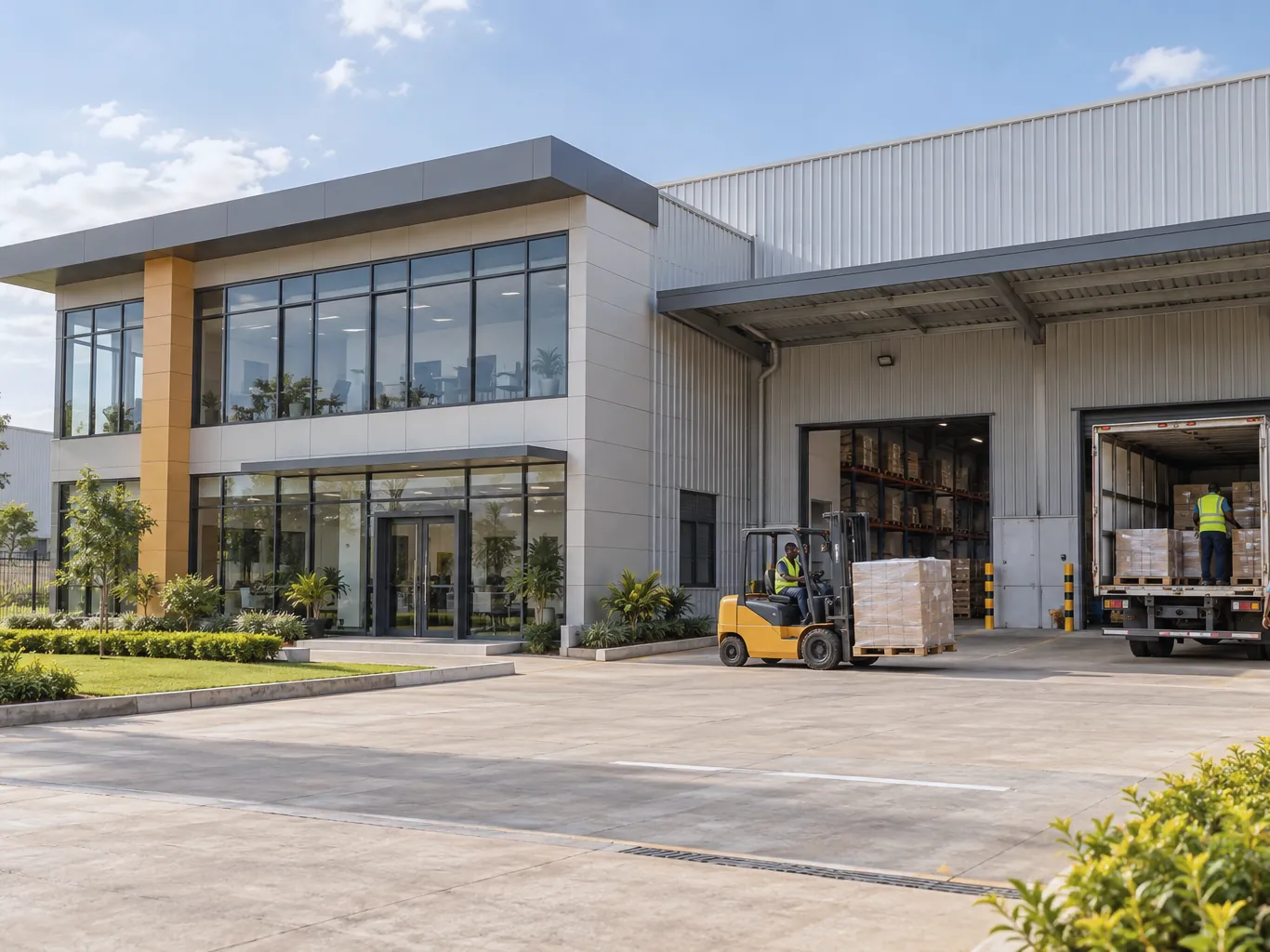 A commercial building and warehouse with a loading bay