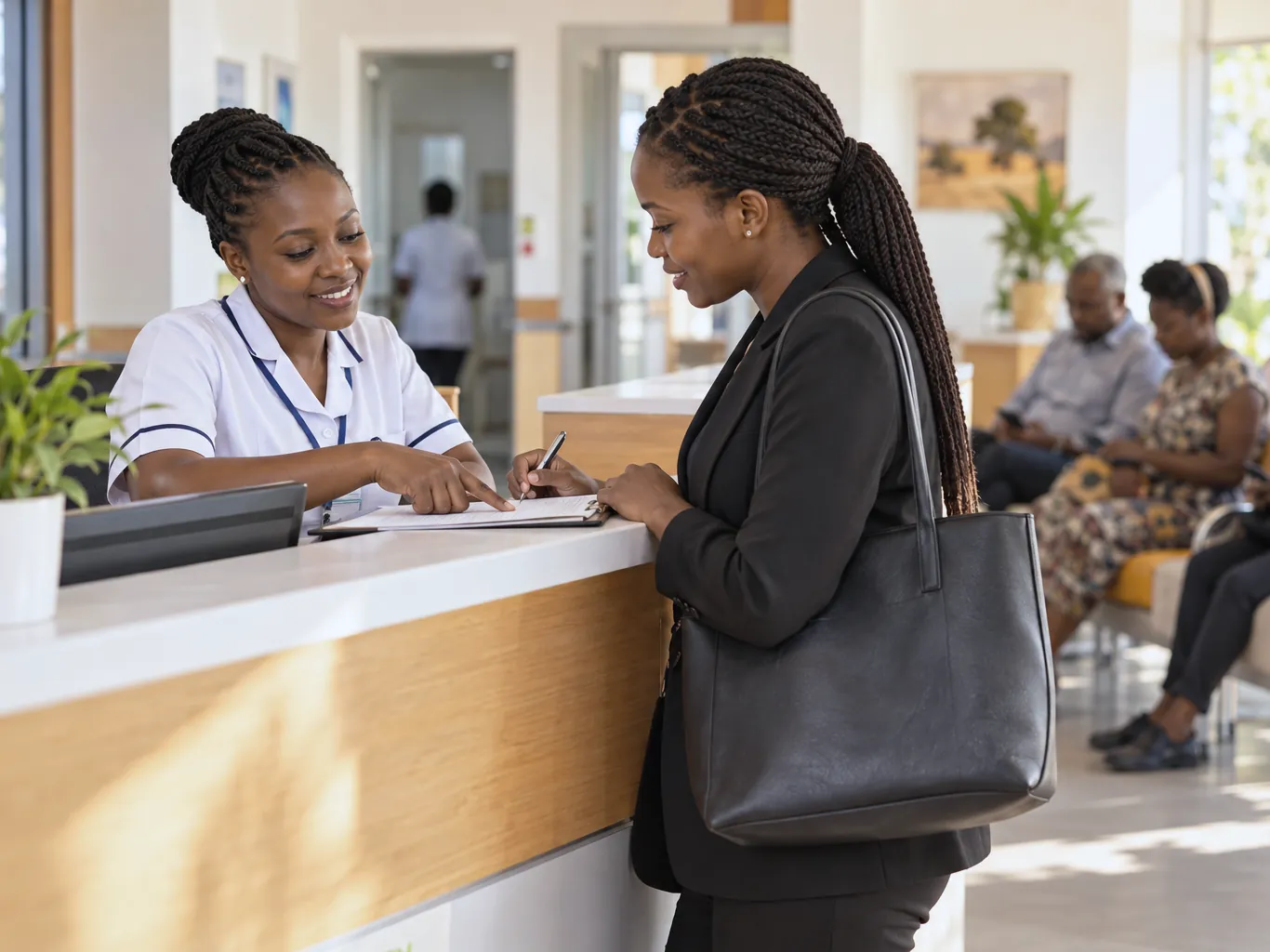 A nurse helping an employee with her medical card at a clinic