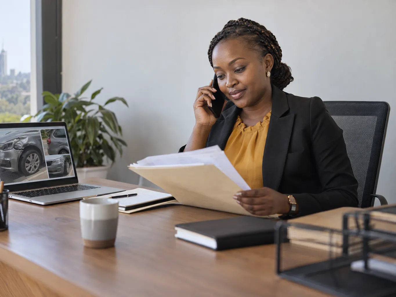 A Ksembi claims handler on the phone reviewing a claim file