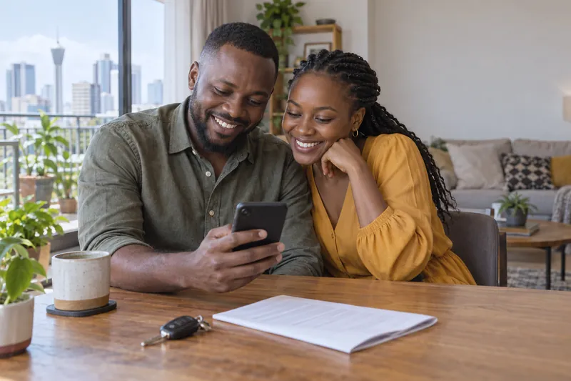 A couple at home reviewing their insurance options on a phone
