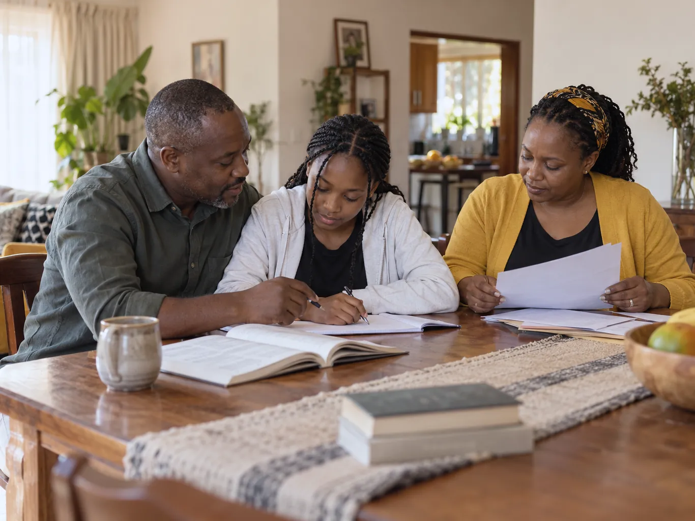 Parents helping their daughter with schoolwork at the dining table