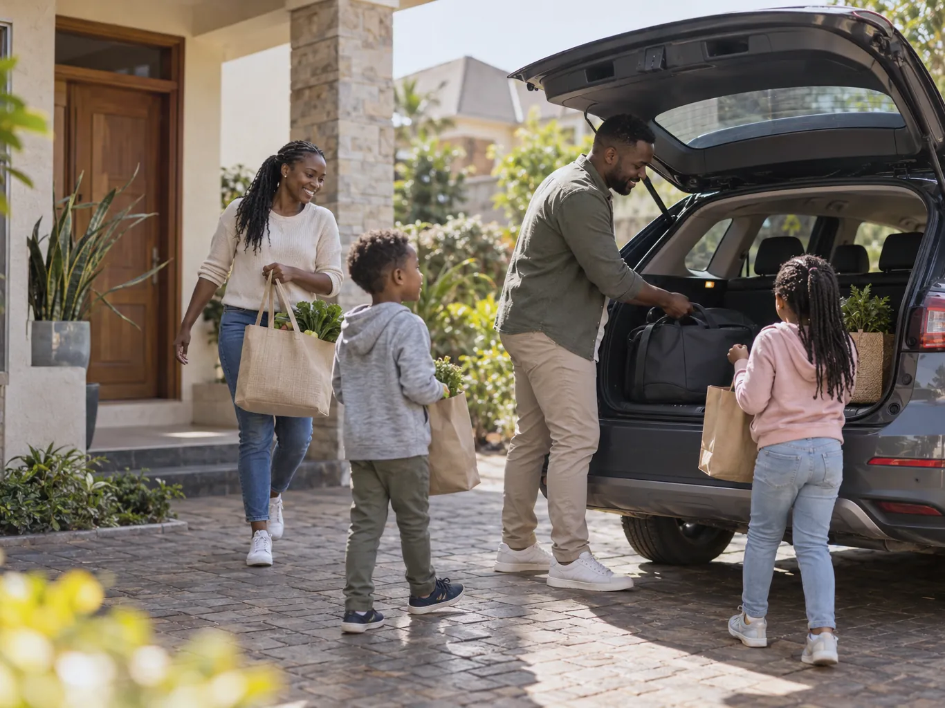 A family loading shopping into their car outside their home