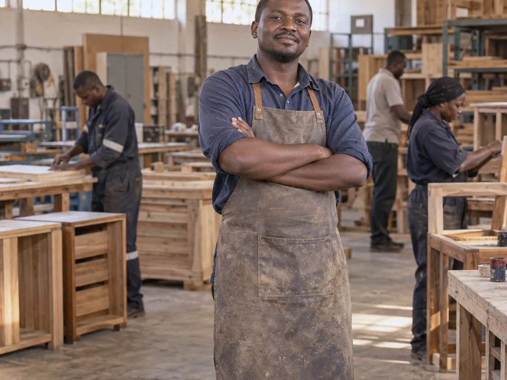 A business owner standing in his furniture workshop with staff at work behind him