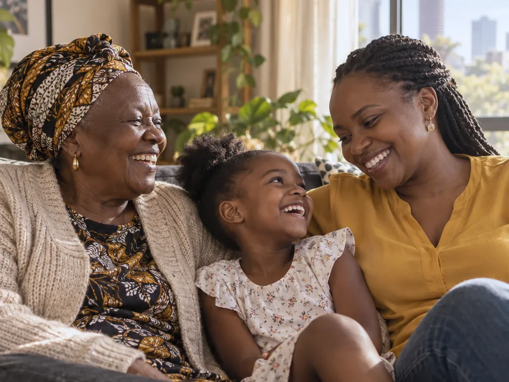 Three generations of a Kenyan family laughing together at home