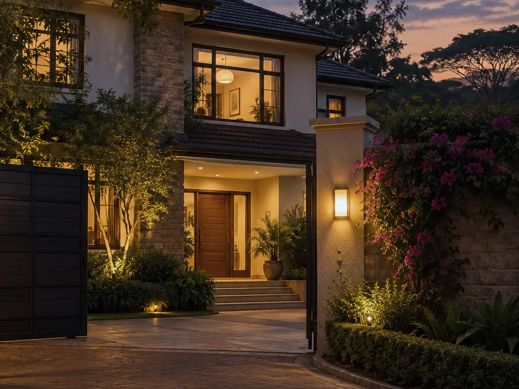 A family home in Nairobi at dusk with its lights on