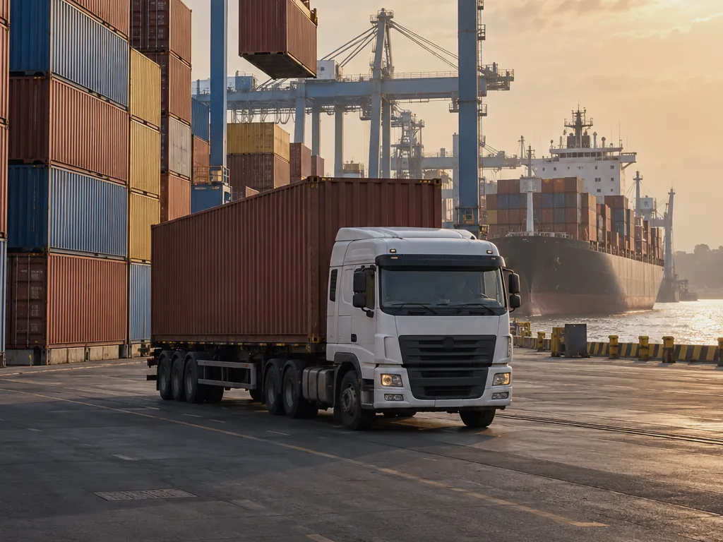 Containers and cranes at the port with a truck leaving the terminal