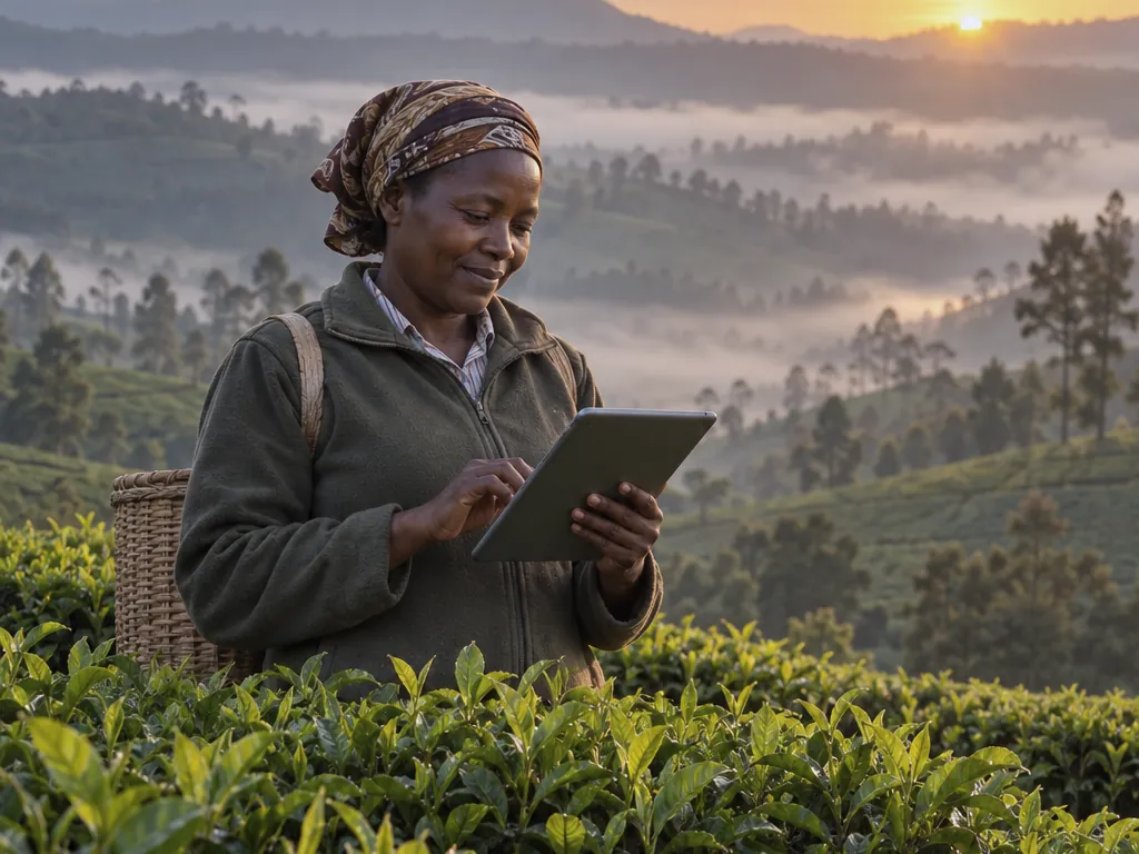 A farmer checking a tablet in a tea plantation at sunrise